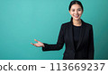 Happiness in Presentation, Woman with Positive Attitude Presenting an Empty Space, Generative AI 113669237