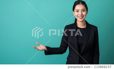 Happiness in Presentation, Woman with Positive Attitude Presenting an Empty Space, Generative AI Happiness in Presentation, Woman with Positive Attitude Presenting an Empty Space, Generative AI 113669237