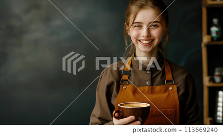 Fueling Your Day, Young Female Barista Serving a Perfectly Brewed Hot Cup of Coffee, Generative AI Fueling Your Day, Young Female Barista Serving a Perfectly Brewed Hot Cup of Coffee, Generative AI 113669240