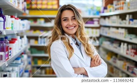 Inside the Drugstore, Smiling and Confident Young Female Pharmacist with Arms Crossed, Generative AI 113669242