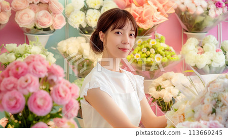 In Full Bloom, Woman Florist Inside a Flower Shop Working Among Colorful Flowers, Generative AI In Full Bloom, Woman Florist Inside a Flower Shop Working Among Colorful Flowers, Generative AI 113669245