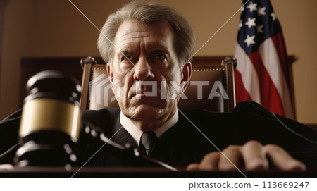 Judging the Guilty, A Middle Aged Judge with a Gavel Presiding Criminal Trial, Justice Served, Generative AI Judging the Guilty, A Middle Aged Judge with a Gavel Presiding Criminal Trial, Justice Served, Generative AI 113669247