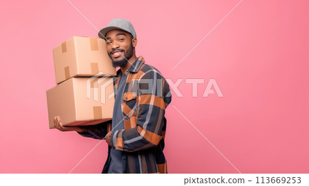 Effortless Move, Young Black Man Carrying Cardboard Boxes on Moving Day, Generative AI Effortless Move, Young Black Man Carrying Cardboard Boxes on Moving Day, Generative AI 113669253