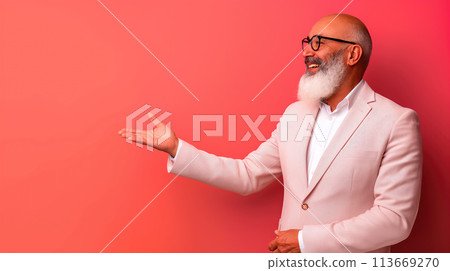 Showcasing Blank Space, Mature Happy Gentleman Presents Empty Space Next to Him, Generative AI Showcasing Blank Space, Mature Happy Gentleman Presents Empty Space Next to Him, Generative AI 113669270