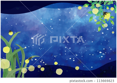水彩手繪夏夜風景與飛舞的螢火蟲 113669823