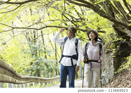 A couple enjoying hiking 113669923