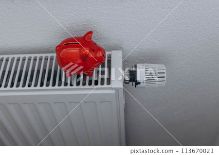 Red piggy bank on your home radtator. 113670021