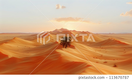 Beautiful sand dunes in the Sahara desert with Fan Palm trees Desert AI generated 113670787
