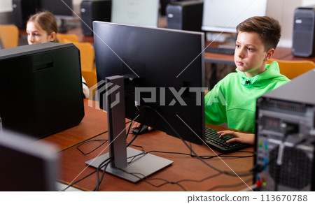 Focused tween boy studying with classmates in computer lab 113670788