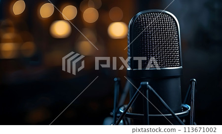 Professional microphone at Studio microphone close-up on a blurred background AI generated 113671002