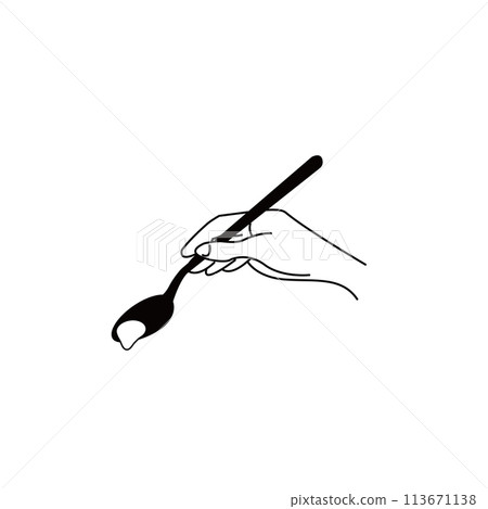 Close-up illustration of a hand scooping a spoonful with a spoon - monochrome line drawing Close-up illustration of a hand scooping a spoonful with a spoon - monochrome line drawing 113671138