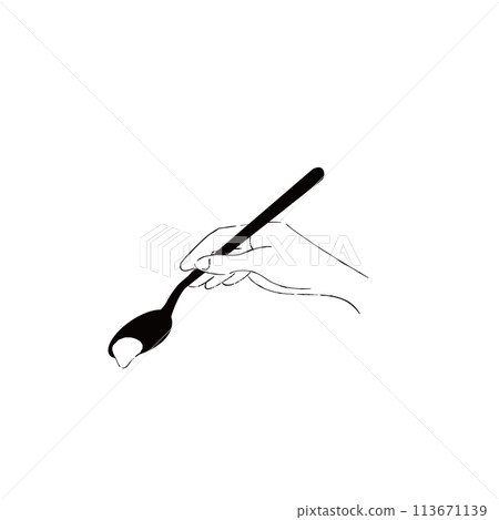 Close-up illustration of a hand scooping a spoonful with a spoon, monochrome, hand-drawn line drawing Close-up illustration of a hand scooping a spoonful with a spoon, monochrome, hand-drawn line drawing 113671139