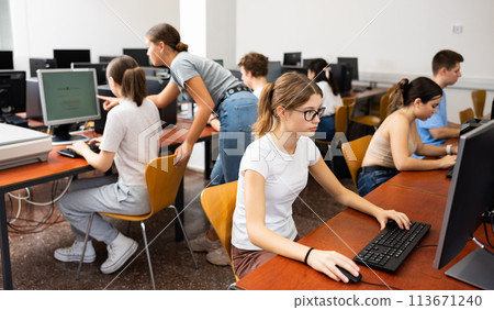 Teenage girl learning to use personal computer during lesson 113671240