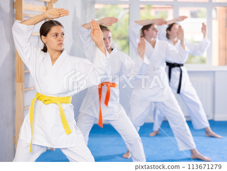 Teenage girls in kimono doing kata training Teenage girls in kimono doing kata training 113671279