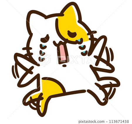 可愛的貓角色哭泣並拍打手臂和腿的滑稽插圖。 可愛的貓角色哭泣並拍打手臂和腿的滑稽插圖。 113671438