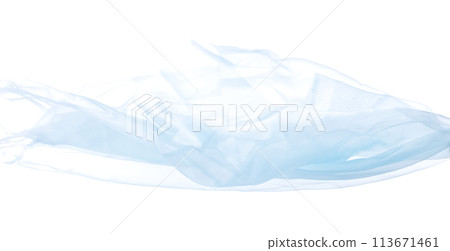 Blue sky Organza fabric flying in curve shape, Piece of textile blue sky organza fabric throw fall in air. White background isolated motion blur 113671461