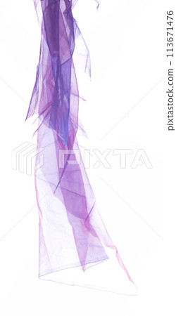 Purple Violet Organza fabric flying in curve shape, Piece of textile blue sky organza fabric throw fall in air. White background isolated motion blur 113671476
