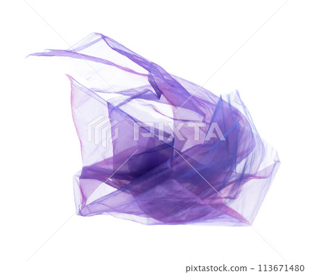 Purple Violet Organza fabric flying in curve shape, Piece of textile blue sky organza fabric throw fall in air. White background isolated motion blur 113671480