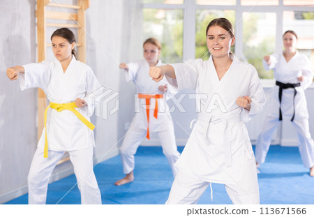 Teenage girls in kimono doing kata training Teenage girls in kimono doing kata training 113671566