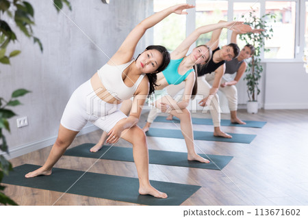 Woman and man practicing extended side angle pose utthita parsvakonasana, exercise of Hatha yoga during group workout 113671602