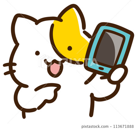 A deformed illustration of a cute cat character pointing at a smartphone A deformed illustration of a cute cat character pointing at a smartphone 113671888