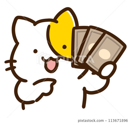 A deformed illustration of a cute cat character showing off a stack of cash A deformed illustration of a cute cat character showing off a stack of cash 113671896