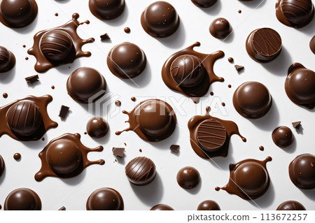 大量巧克力球在白色背景下飛濺 113672257