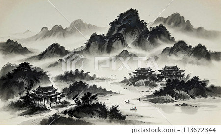 寫意中國風意境水墨山水畫 113672344