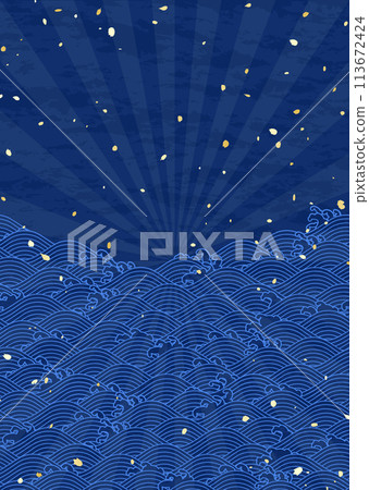 Blue waves and light Japanese style retro illustration background 113672424