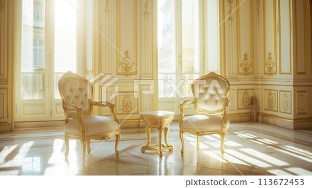 Bright sunlight in a European antique style room Sunshine antique European 113672453