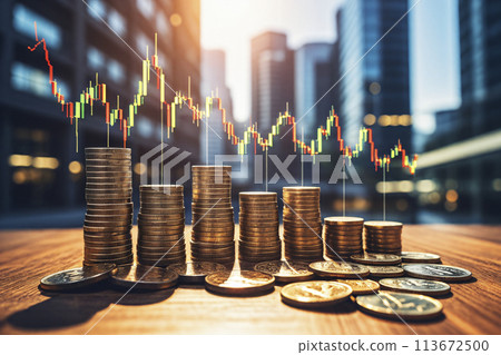 Stacked gold coins and stock market K-line chart modern urban background 113672500