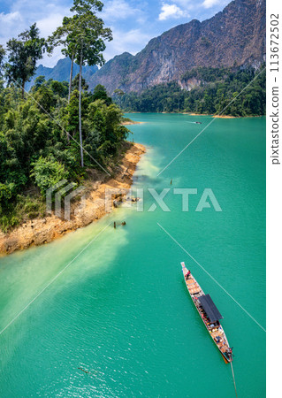 Encounter with a family of wild elephants in Khao Sok national park, on the Cheow lan lake in Surat 113672502