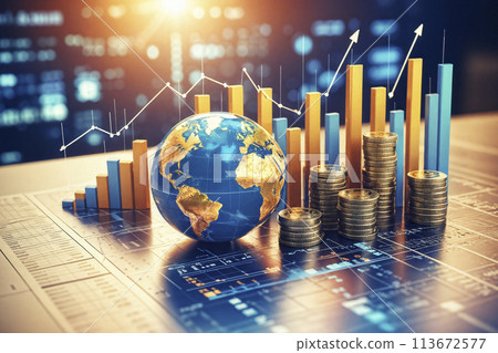 3D earth and stacked gold coins stock market chart combination creative picture 113672577