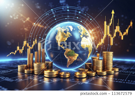 3D earth and stacked gold coins stock market chart combination creative picture 113672579