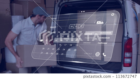 Image of digital interface with calendar and data processing over caucasian delivery man Image of digital interface with calendar and data processing over caucasian delivery man 113672747