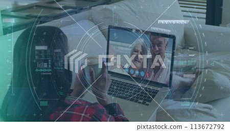 Image of scope scanning and data processing over woman using laptop on image call 113672792