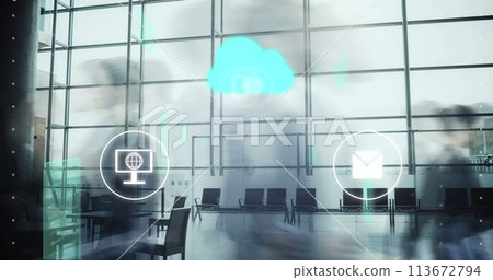 Image of cloud, connections and data processing over office 113672794