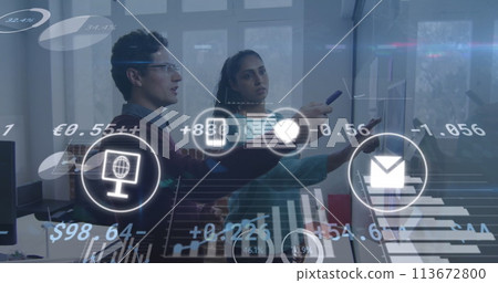 Image of icons and data processing over diverse business people working in office Image of icons and data processing over diverse business people working in office 113672800