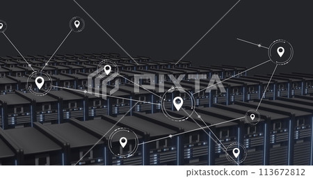 Image of network of conncetions with icons over server room Image of network of conncetions with icons over server room 113672812