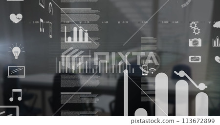 Image of digital interface with icons and data processing Image of digital interface with icons and data processing 113672899