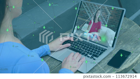 Image of network of connections over woman using laptop on image call 113672914