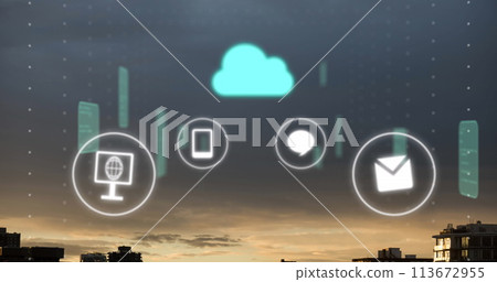 Image of cloud, connections and data processing over city 113672955