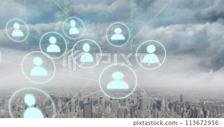 Image of connections and data processing over city 113672956