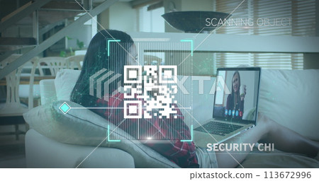 Image of qr code security check over woman using laptop on image call 113672996