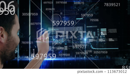 Image of digital interface with icons and data processing 113673012