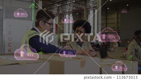 Image of digital clouds and data processing over diverse people working in warehouse 113673013