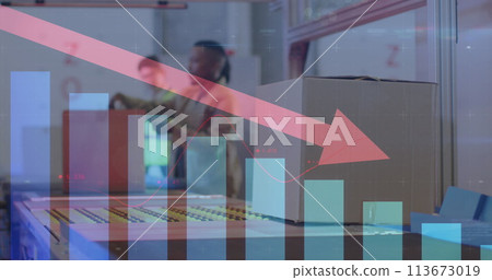 Image of statistics, arrow and data processing over conveyor belt with boxes in warehouse Image of statistics, arrow and data processing over conveyor belt with boxes in warehouse 113673019