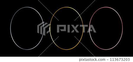 Silver, golden and rose gold thin oval frames. Art deco shiny ellipse borders set. Thin line glowing grey, yellow and pink boarder element collection. Vector bundle for Christmas, birthday decor 113673203