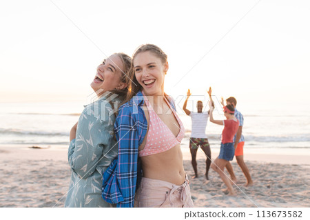 Friends enjoy a vibrant beach sunset, with copy space 113673582