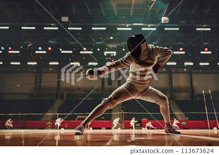 Young man in fencing suit and mask practicing with sword at sports hall Young man in fencing suit and mask practicing with sword at sports hall 113673624